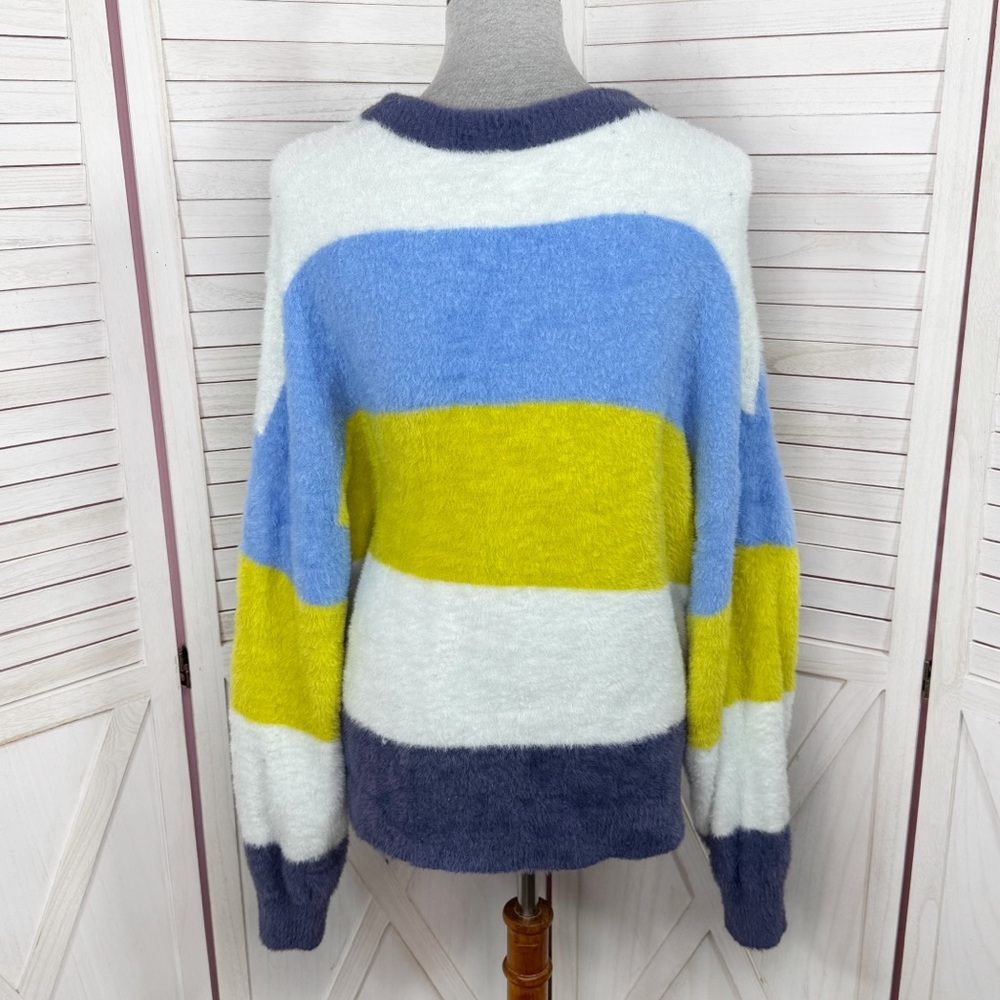 Aerie Flurry Rugby Stripes Fuzzy Oversized Crew Neck Sweater Blue Green‎ Medium - Picture 7 of 15